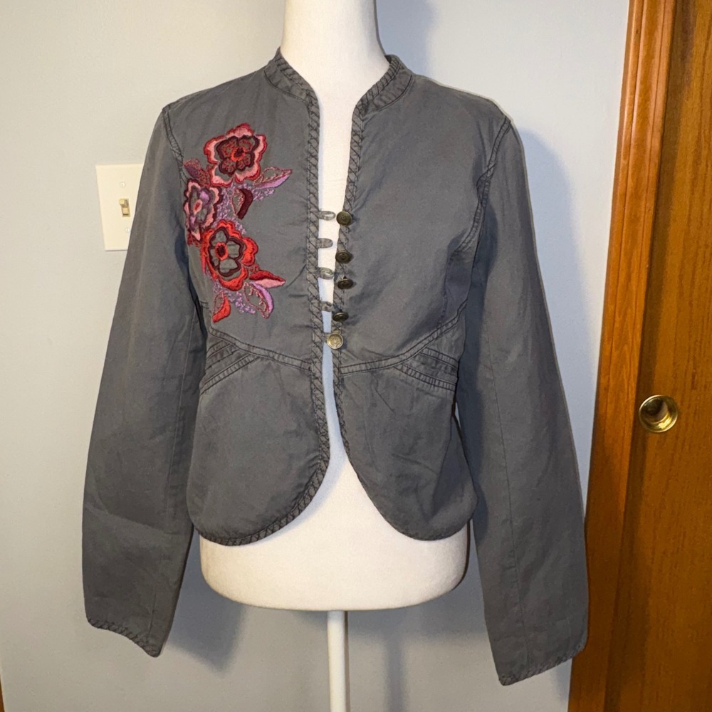 Mexx 100%‎ cotton Grey Embroidered Flower Collarless Jacket Women's Size UK 14